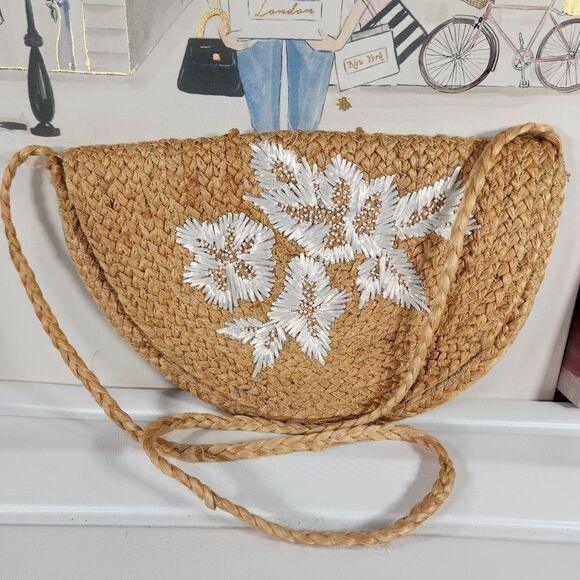None Handbags - NWOT Straw Embroidered Half Moon Crossbody Bag
